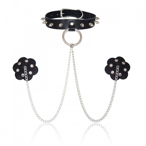 PU leren halsband met tepelstickers - zwart