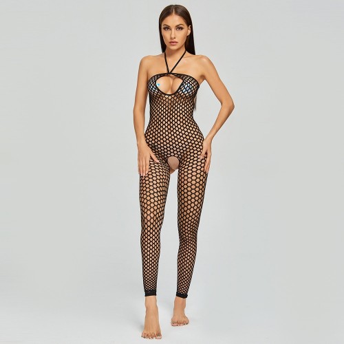 Bodysuit zwart visnet met open kruis - One Size