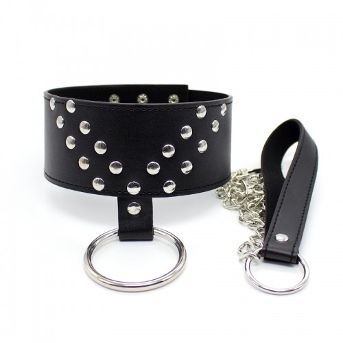 dikke halsband met riem en ring zwart