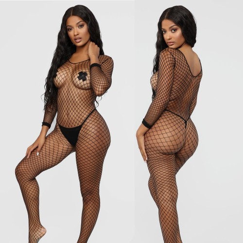 Doorschijnende bodysuit visnet zwart - one-size