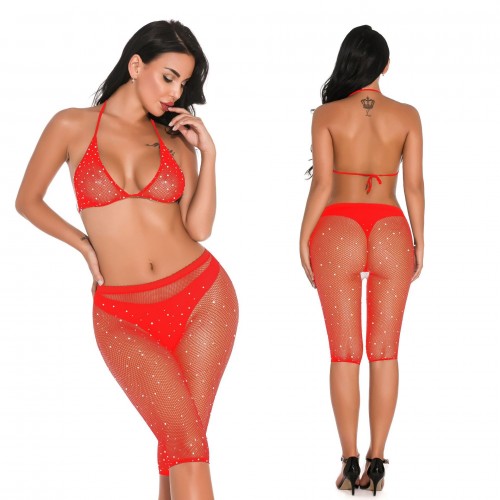 Erotische bh set glittersteentjes rood - one-size