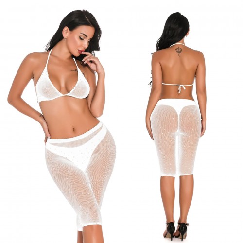 Erotische Bodystocking glittersteentjes wit - one-size