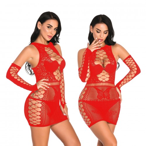 Erotische bodysuit visnet rood - one-size