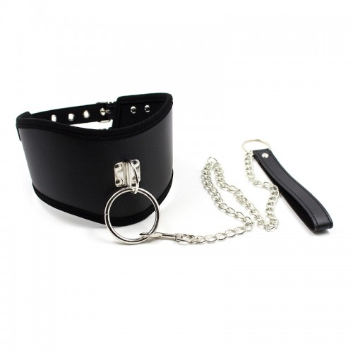 PU leren halsband met riem en ring - zwart