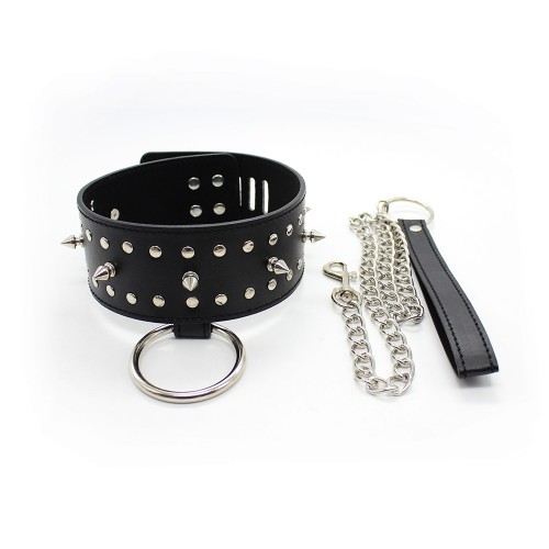 PU leren halsband met studs, riem en slot - zwart