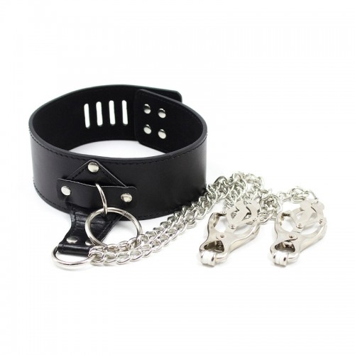 Halsband met tepelklemmen en slot - zwart
