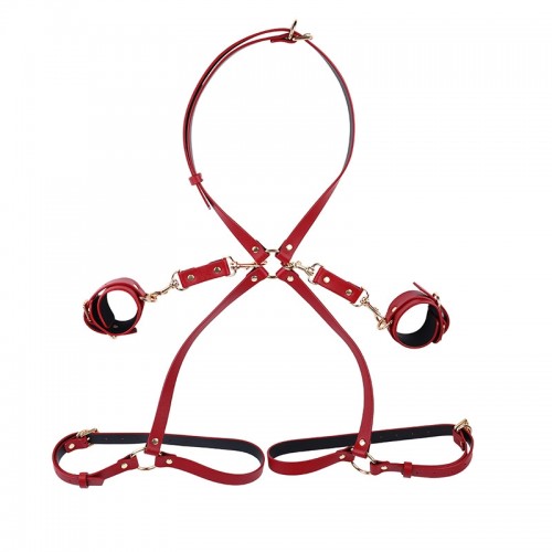 PU leren harnas met handboeien - rood