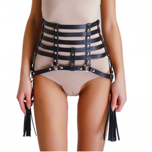 Leren bondageharnas met hangers - zwart