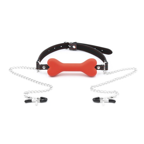 Mondknevel hondenbot met tepelklemmen - rood