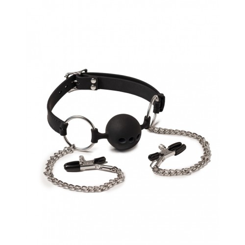 Mondknevel bal met tepelklemmen - zwart bdsm