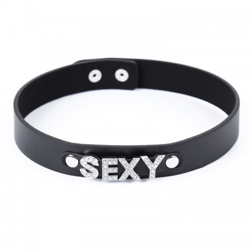 pu leren bdsm halsband met glitter letters