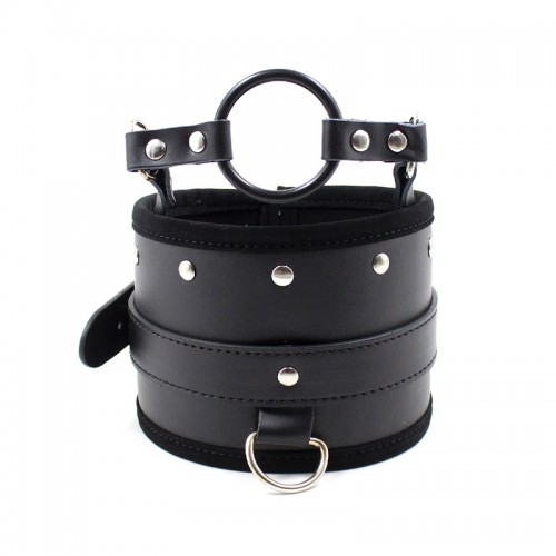zwarte halsband met riem en ring gag