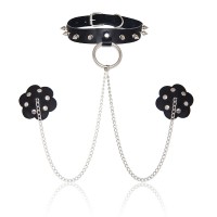 PU leren halsband met tepelstickers - zwart