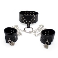 Halsband met handboeien en sloten - zwart