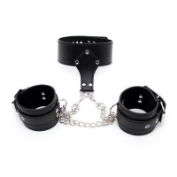 Halsband met handboeien en hangslot - zwart