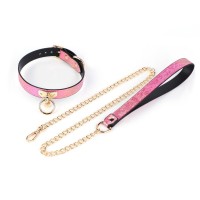 pu leren bondage halsband schubbenpatroon aanlijnketting roze