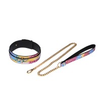 pu leren halsband regenboog bloemenmotief gouden details